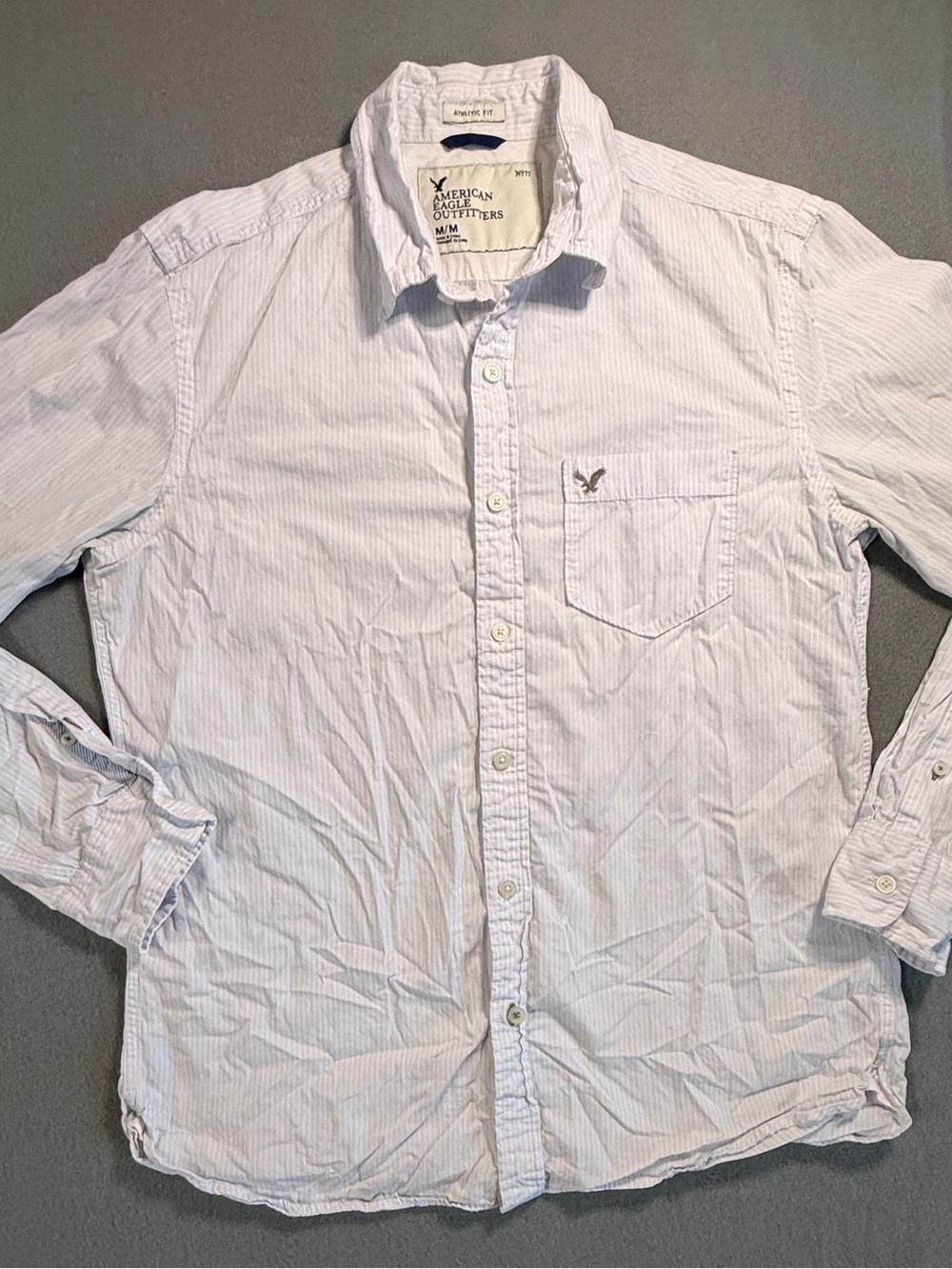 American Eagle Outfitters Men’s White & Light Blue Striped Button-Down Shirt